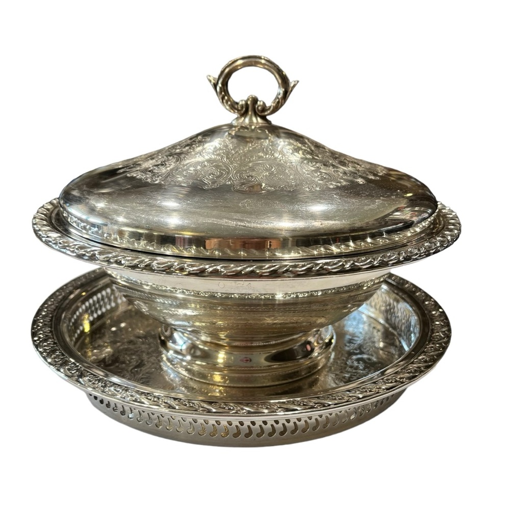 Vintage Set of 3 Pieces WM ROGERS Silver Plated Bowl Lid Platter Serving Tray